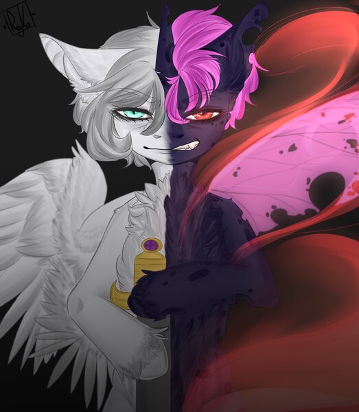 Size: 1700x1950 | Tagged: artist:reyko, changeling, changeling oc, derpibooru import, heterochromia, oc, oc:king dorigan, oc:light knight, purple changeling, safe, solo, split screen, spread wings, unofficial characters only, wings