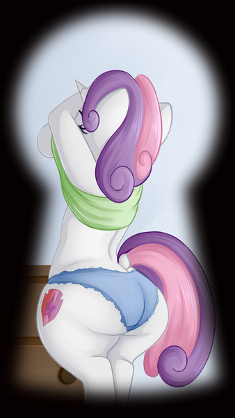 Size: 2160x3840 | Tagged: suggestive, alternate version, artist:andelai, derpibooru import, sweetie belle, semi-anthro, unicorn, bipedal, butt, clothes, cutie mark, dock, female, keyhole, older, older sweetie belle, panties, peeping, shirt, solo, solo female, sweetie butt, the ass was fat, the cmc's cutie marks, unaware, underwear, undressing, voyeurism