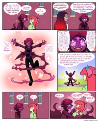 Size: 818x1014 | Tagged: safe, artist:crydius, derpibooru import, apple bloom, oc, oc:eldritch, oc:gamma, robot, comic:ardent, equestria girls, abstract background, blushing, comic, female, gynoid, magical lesbian spawn, offspring, parent:oc:crydius, parent:sci-twi, parent:sunset shimmer, parent:tempest shadow, parents:canon x oc, parents:crydiusshadow, parents:scitwishimmer, shipping, split personality, starry eyes, sweat, sweatdrop, wingding eyes