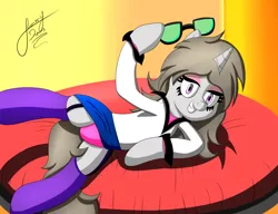 Size: 3000x2300 | Tagged: suggestive, artist:jimmy draws, derpibooru import, oc, oc:solaria, unofficial characters only, pony, unicorn, clothes, cute, glasses, panties, sexy, smiling, socks, underwear