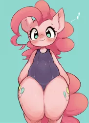 Size: 1493x2048 | Tagged: safe, artist:91o42, derpibooru import, pinkie pie, pony, semi-anthro, bipedal, blue background, blushing, both cutie marks, chubbie pie, chubby, clothes, cute, diapinkes, fupa, looking at you, music notes, one-piece swimsuit, simple background, solo, sukumizu, swimsuit, thighs, thunder thighs