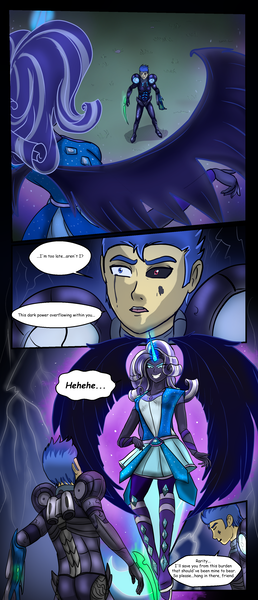 Size: 1516x3525 | Tagged: safe, artist:symptom99, derpibooru import, flash sentry, nightmare rarity, rarity, comic:a battle to save a possessed soul, equestria girls, arm cannon, armor, aura, blade, clothes, comic, commission, crystal guard armor, crystal guardian, dark magic, dark samus, dialogue, energy weapon, equestria girls-ified, evil grin, evil smirk, eyes closed, female, floating, flying, geode of shielding, grass, grass field, grin, heterochromia, imminent battle, imminent fight, lighting, looking at each other, looking down, looking up, magic, magical geodes, male, metroid, nightmarified, phazon, possessed, shocked expression, shoes, sinister smile, smiling, smirk, speech bubble, talking, too late, transformation, weapon, wings