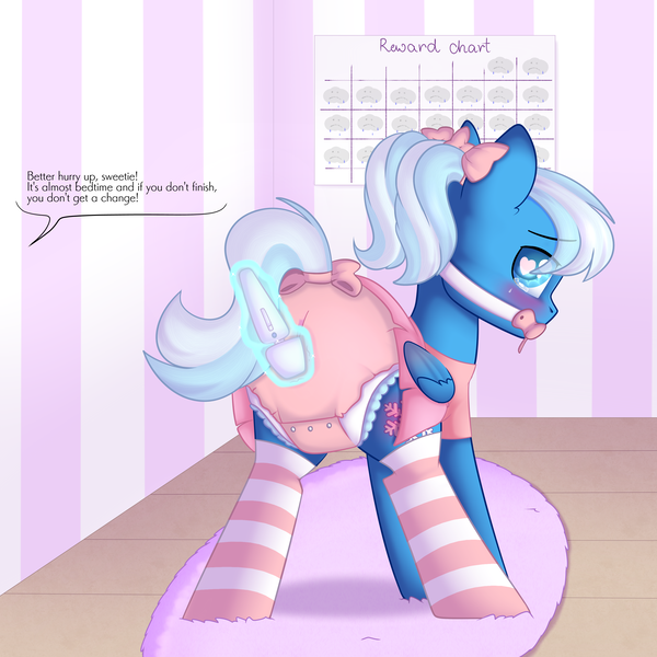 Size: 3000x3000 | Tagged: questionable, artist:xcinnamon-twistx, derpibooru import, oc, oc:bluebreeze, pegasus, pony, adult foal, blushing, bow, clothes, commission, crossdressing, diaper, diaper cover, diaper fetish, fetish, gag, hair bow, heart eyes, hitachi wand, levitation, looking back, magic, male, offscreen character, pacifier, pacifier gag, romper, sex toy, socks, stockings, striped socks, telekinesis, thigh highs, vibrator, wet diaper, wingding eyes, ych result