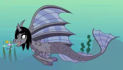 Size: 5410x3103 | Tagged: safe, artist:lightningbolt, derpibooru import, ponified, ponified:kellin quinn, earth pony, fish, pony, siren, .svg available, bubble, carnivore, cloven hooves, curved horn, fangs, fins, fish tail, horn, male, open mouth, sirens doing siren things, sleeping with sirens, slit eyes, solo, svg, swimming, underwater, vector