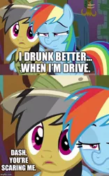 Size: 500x801 | Tagged: safe, derpibooru import, edit, edited screencap, screencap, daring do, rainbow dash, pegasus, pony, stranger than fan fiction, bad idea, caption, comic, concerned pony, drunk driving, drunker dash, funny, meme, robot chicken, tempting fate, this will end in death, this will end in jail time, this will end in tears, this will end in tears and/or death
