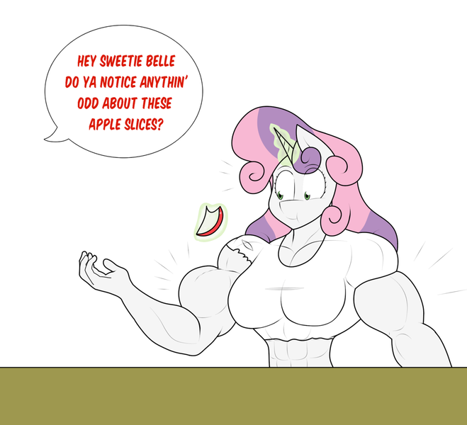 Size: 1280x1165 | Tagged: safe, artist:matchstickman, derpibooru import, sweetie belle, anthro, unicorn, tumblr:where the apple blossoms, abs, apple, apple slice, biceps, breasts, busty sweetie belle, clothes, comic, deltoids, dialogue, eating, female, food, levitation, magic, mare, muscle growth, muscles, offscreen character, older, older sweetie belle, pecs, shirt, shocked, simple background, single panel, solo, speech bubble, sweetie barbell, table, telekinesis, torn shirt, tumblr comic, white background