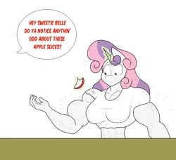 Size: 1280x1165 | Tagged: safe, artist:matchstickman, derpibooru import, sweetie belle, anthro, unicorn, tumblr:where the apple blossoms, abs, apple, apple slice, biceps, breasts, busty sweetie belle, clothes, comic, deltoids, dialogue, eating, female, food, levitation, magic, mare, muscle growth, muscles, offscreen character, older, older sweetie belle, pecs, shirt, shocked, simple background, single panel, solo, speech bubble, sweetie barbell, table, telekinesis, torn shirt, tumblr comic, white background