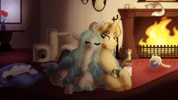 Size: 1280x720 | Tagged: safe, artist:faith-wolff, derpibooru import, oc, oc:cuppa joe, oc:princess iridescence, cat, changepony, hybrid, pony, unicorn, pandoraverse, coffee mug, crossed hooves, eyes closed, female, fireplace, interspecies offspring, magical lesbian spawn, male, mare, mug, oc x oc, offspring, parent:cinnamon chai, parent:donut joe, parent:princess celestia, parent:queen chrysalis, parents:chryslestia, parents:cinnamon donut, shipping, snuggling, stallion, straight, unshorn fetlocks