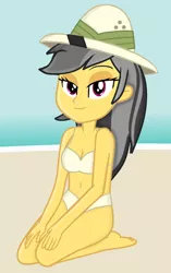 Size: 920x1469 | Tagged: suggestive, artist:grapefruitface1, derpibooru import, daring do, equestria girls, barefoot, beach, bedroom eyes, belly button, bikini, breasts, cleavage, clothes, feet, hat, looking at you, ocean, sand, seaside, seductive look, smiling, solo, swimsuit