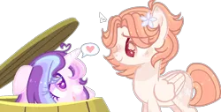 Size: 1280x651 | Tagged: safe, artist:moon-rose-rosie, derpibooru import, oc, oc:celestial moon, oc:magnolia, alicorn, pegasus, pony, alternate design, alternate universe, barrel, female, flower, flower in hair, heart, hiding, magical lesbian spawn, mare, multicolored hair, offspring, parent:bulk biceps, parent:fluttershy, parent:rainbow dash, parent:twilight sparkle, parents:flutterbulk, parents:twidash, speech bubble