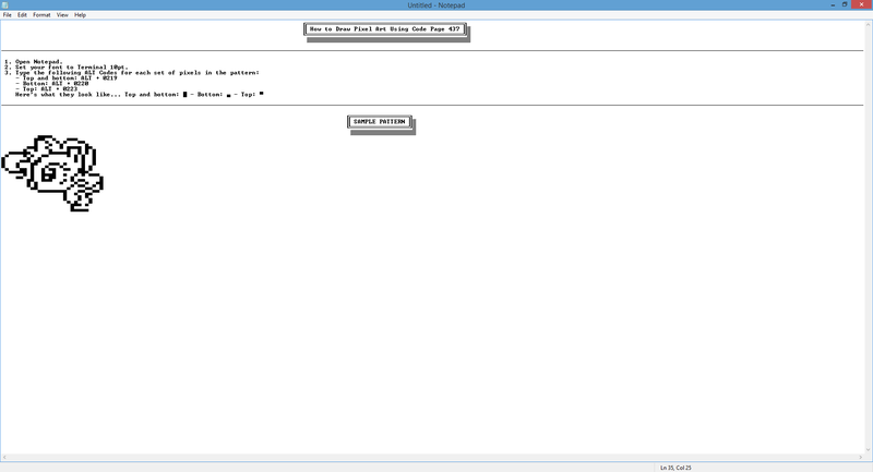 Size: 1920x1039 | Tagged: safe, derpibooru import, pinkie pie, pony, alt codes, ansi, ascii, bust, code page 437, microsoft, notepad, pixel art, sprite, tutorial, windows, windows 8