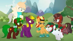 Size: 3544x2000 | Tagged: safe, artist:razorbladetheunicron, derpibooru import, oc, oc:merah, oc:razor blade, oc:rocky, oc:scoop, oc:thrill seeker, oc:violet quartz, unofficial characters only, earth pony, pegasus, pony, unicorn, zebra, base used, bow, clothes, colored hooves, colored horn, face markings, female, flower, flower in hair, glasses, gradient mane, group, hair bow, headband, horn, mare, ponysona, rocky (g2), scarf