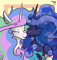 Size: 2010x2126 | Tagged: safe, artist:greyscaleart, derpibooru import, princess celestia, princess luna, alicorn, pony, :p, abstract background, colored hooves, constellation freckles, cute, cutelestia, duo, eyes closed, female, freckles, greyscaleart is trying to murder us, hug, lunabetes, mare, royal sisters, tongue out