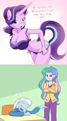 Size: 1500x2708 | Tagged: suggestive, artist:mew-me, artist:sandwich-anomaly, derpibooru import, edit, princess celestia, starlight glimmer, trixie, anthro, equestria girls, bra, breasts, busty starlight glimmer, classroom, clothes, digital art, dream, exploitable meme, female, females only, implied lesbian, implied shipping, lesbian, looking at you, meme, panties, panties around legs, panties pulled down, principal celestia, purple bra, purple panties, purple underwear, shipping, startrix, stripping, trixie's dream, underwear, undressing