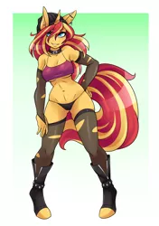 Size: 1800x2550 | Tagged: suggestive, artist:ambris, derpibooru import, sunset shimmer, anthro, unguligrade anthro, unicorn, beanie, belly button, boots, breasts, busty sunset shimmer, cleavage, clothes, collar, cute, ear piercing, earring, evening gloves, eye clipping through hair, female, fingerless gloves, gloves, gradient background, hat, hoof boots, hoof shoes, jewelry, leggings, lidded eyes, long gloves, looking at you, panties, piercing, shimmerbetes, shoes, smiling, socks, solo, solo female, tanktop, thigh highs, thong, torn clothes, underass, underboob, underwear