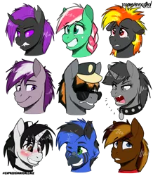 Size: 4093x4685 | Tagged: safe, artist:jcosneverexisted, derpibooru import, oc, oc:creative flair, oc:delta, oc:digidash, oc:howl, oc:lightning blaze, oc:pepper, oc:sagey, oc:sam, oc:tlas ii, unofficial characters only, changeling, hippogriff, hybrid, pony, angry, blushing, collar, crying, female, male, mare, patreon, stallion