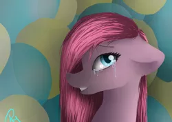 Size: 2960x2100 | Tagged: safe, artist:moon-wing, derpibooru import, pinkie pie, earth pony, pony, abstract background, crying, female, floppy ears, mare, pinkamena diane pie, sad, smiling, solo
