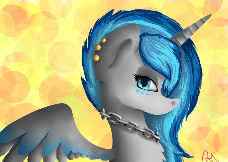 Size: 3496x2480 | Tagged: safe, artist:moon-wing, derpibooru import, oc, oc:moonbeam, unofficial characters only, alicorn, pony, abstract background, alicorn oc, bust, chains, ear piercing, female, horn, mare, piercing, portrait, solo, wings