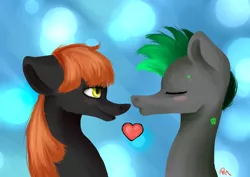 Size: 3496x2480 | Tagged: safe, artist:moon-wing, derpibooru import, oc, oc:aurora blaze, oc:toxic shadow, unofficial characters only, pony, abstract background, eyes closed, heart, kissing
