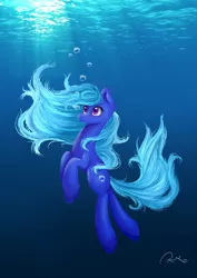 Size: 2480x3496 | Tagged: safe, artist:moon-wing, derpibooru import, oc, unofficial characters only, earth pony, pony, bubble, solo, swimming, underwater