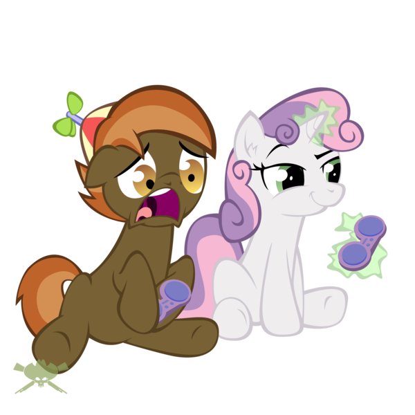 Size: 2500x2500 | Tagged: safe, artist:bigrodeo, artist:spoonzebra, derpibooru import, button mash, sweetie belle, earth pony, pony, unicorn, buttonbetes, colt, controller, cute, diasweetes, duo, duo male and female, female, filly, foal, hat, magic, male, open mouth, propeller hat, shocked, simple background, sitting, smiling, smirk, transparent background, video game