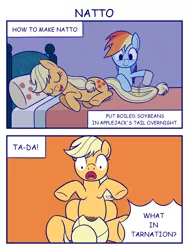 Size: 1600x2120 | Tagged: safe, artist:sazanamibd, derpibooru import, applejack, rainbow dash, earth pony, pegasus, pony, beans, bed, comic, female, food, mare, misleading thumbnail, natto, prank, what in tarnation