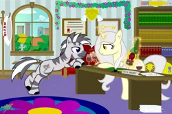 Size: 1024x683 | Tagged: safe, artist:bigrodeo, derpibooru import, oc, oc:atriark, oc:sherry, pony, unicorn, zebra, alcohol, book, bookshelf, city, window, wine