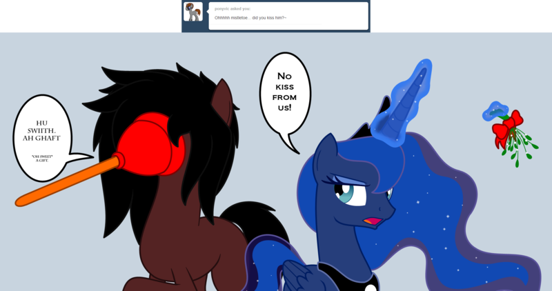 Size: 1869x985 | Tagged: safe, artist:ardonsword, derpibooru import, princess luna, ponified, alicorn, earth pony, pony, vampire, alucard, ask, crossover, female, hellsing, luna is not amused, magic, mare, mistletoe, plunger, shipping denied, telekinesis, tumblr, unamused