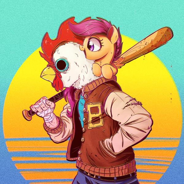 Size: 1200x1202 | Tagged: safe, artist:ncmares, derpibooru import, scootaloo, bird, chicken, human, pegasus, pony, abstract background, baseball bat, blood, chest fluff, chicken mask, clothes, crossover, duo, ear fluff, female, filly, fluffy, hotline miami, jacket, leg fluff, mask, neck fluff, open mouth, scootachicken, smiling, wat