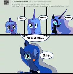 Size: 1717x1739 | Tagged: safe, artist:ardonsword, derpibooru import, nightmare moon, princess luna, alicorn, pony, ask, cute, female, filly, lunar trinity, mare, multeity, one eye closed, s1 luna, tongue out, tumblr, wink, woona, younger