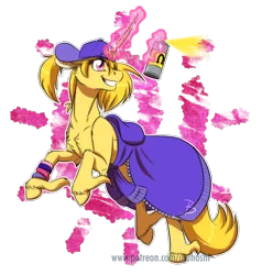 Size: 1200x1258 | Tagged: safe, artist:inuhoshi-to-darkpen, derpibooru import, oc, oc:sunshine, unofficial characters only, pony, unicorn, backwards ballcap, baseball cap, cap, clothes, female, hat, hoof fluff, jacket, long feather, magic, magic aura, mare, solo, spray can, spray paint, telekinesis, unshorn fetlocks, wristband