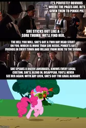 Size: 500x742 | Tagged: safe, derpibooru import, edit, edited screencap, screencap, pinkie pie, earth pony, human, pony, griffon the brush off, armband, arrow through head, caption, clown nose, dialogue, facial hair, female, gag, image macro, indiana jones, indiana jones and the last crusade, majestic as fuck, male, mare, moustache, movie quote, nazi, nazi armband, quote, red nose, swastika, swirly eyes, text, tree, walking