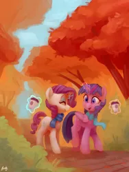 Size: 4000x5333 | Tagged: safe, artist:lilfunkman, derpibooru import, rarity, twilight sparkle, twilight sparkle (alicorn), alicorn, pony, unicorn, autumn, bush, clothes, coffee, eyes closed, female, forest, lesbian, levitation, magic, magic aura, mare, path, rarilight, scarf, scenery, shipping, smiling, telekinesis, tree, walking