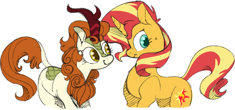 Size: 923x434 | Tagged: safe, artist:ogaraorcynder, derpibooru import, autumn blaze, sunset shimmer, kirin, pony, unicorn, autumnshimmer, awwtumn blaze, crack shipping, cute, female, happy, lesbian, mare, shimmerbetes, shipping, simple background, smiling