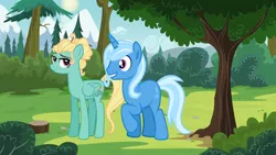 Size: 6116x3444 | Tagged: safe, artist:themexicanpunisher, derpibooru import, trixie, zephyr breeze, pony, aura winds, female, forest, male, mountain, rule 63, scenery, shipping, straight, tree, tristan, trixbreeze