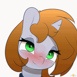 Size: 1101x1101 | Tagged: safe, artist:n0nnny, derpibooru import, oc, oc:littlepip, unofficial characters only, pony, unicorn, fallout equestria, fanfic, accurate description, animated, awww, bedroom eyes, blushing, bust, clothes, commission, cute, dawwww, eye clipping through hair, fanfic art, female, frame by frame, gif, heart, horn, kissing, kissing the screen, looking at you, mare, ocbetes, pipabetes, portrait, simple background, solo, vault suit, white background