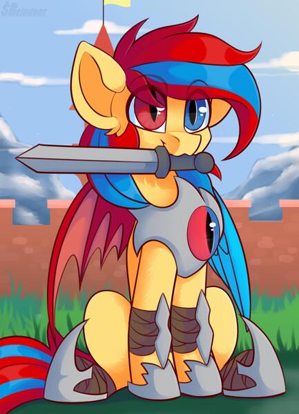 Size: 1300x1800 | Tagged: safe, artist:shadowreindeer, derpibooru import, oc, oc:starflame blood, unofficial characters only, pony, commission, eye clipping through hair, heterochromia, mouth hold, sitting, solo, sword, weapon, ych result