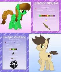 Size: 1989x2346 | Tagged: artist:dyonys, braid, clothes, color palette, cutie mark, derpibooru import, jacket, jewelry, knife, oc, oc:lucky brush, oc:night chaser, raised hoof, reference sheet, safe, scar, smiling, standing, text