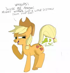 Size: 1966x2048 | Tagged: safe, artist:postnoxious, derpibooru import, applejack, oc, oc:anon, earth pony, pony, accident, dialogue, fart, fart fetish, fart noise, female, fetish, mare, onomatopoeia, solo, sound effects