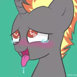 Size: 513x513 | Tagged: safe, artist:cherry days, artist:cherrydayz, derpibooru import, oc, pony, unicorn, ahegao, black coat, blushing, commission, crying, cute, drool, heart eyes, horn, icon, male, open mouth, orange mane, sexy, simple background, solo, stallion, tears of pleasure, tongue out, unicorn oc, wingding eyes, ych result, yellow mane