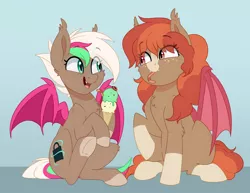 Size: 2450x1894 | Tagged: safe, artist:thegamblehorse, deleted from derpibooru, derpibooru import, oc, oc:bed bug, oc:data breach, unofficial characters only, bat pony, insect, ladybug, pony, worm, bat pony oc, bat wings, cute, female, food, ice cream, mare, ocbetes, sitting, wings