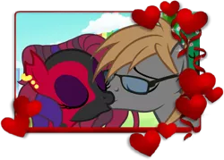 Size: 1715x1229 | Tagged: safe, artist:theeditormlp, derpibooru import, oc, oc:crimson glow, oc:the editor, unofficial characters only, pony, female, glasses, heart, kissing, male, mare, oc x oc, shipping, stallion, straight