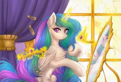 Size: 1800x1226 | Tagged: safe, artist:margony, derpibooru import, princess celestia, alicorn, pony, beautiful, brushing, chest fluff, comb, crown, ear fluff, female, fluffy, folded wings, glowing horn, hairpin, horn, jewelry, levitation, looking at you, magic, mare, mirror, multicolored mane, multicolored tail, reflection, regalia, smiling, solo, telekinesis, window, wings