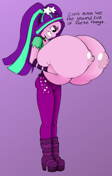 Size: 760x1186 | Tagged: questionable, artist:angstrom, artist:pacificside18, derpibooru import, aria blaze, equestria girls, rainbow rocks, areola, big breasts, boots, breast expansion, breast fondling, breast grab, breasts, busty aria blaze, clothes, colored, dialogue, female, grope, growth, huge breasts, hyper, hyper breasts, impossibly large breasts, nipples, nudity, ponytail, pouting, self grope, shoes, solo, solo female