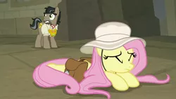 Size: 1920x1080 | Tagged: safe, derpibooru import, screencap, doctor caballeron, fluttershy, earth pony, pegasus, pony, daring doubt, adorable distress, bag, cute, eyes closed, female, frown, hat, male, mare, prone, saddle bag, shyabetes, stallion, truth talisman