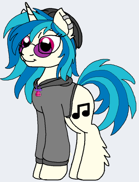 Size: 668x876 | Tagged: safe, artist:rosefang16, derpibooru import, vinyl scratch, pony, unicorn, astralverse, alternate hairstyle, beanie, blue background, clothes, ear piercing, earring, female, gem, hat, hoodie, jewelry, lip piercing, mare, necklace, piercing, simple background, solo, sunglasses