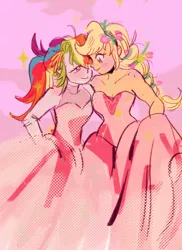 Size: 500x688 | Tagged: safe, artist:nounoo, derpibooru import, applejack, rainbow dash, equestria girls, alternate hairstyle, appledash, blushing, clothes, dress, female, flower, flower in hair, lesbian, looking at each other, pony coloring, shipping, smiling, sparkles, wedding dress