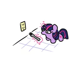 Size: 710x542 | Tagged: safe, artist:jargon scott, derpibooru import, twilight sparkle, pony, unicorn, electrical outlet, female, fork, magic, mare, science, simple background, solo, telekinesis, this will not end in death, too dumb to die, twiggie, unicorn twilight, white background