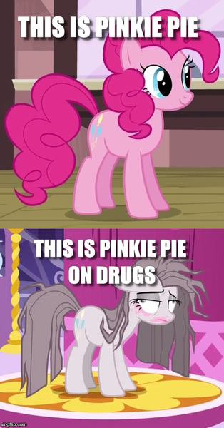 Size: 449x857 | Tagged: caption, cropped, derpibooru import, edit, edited screencap, image macro, implied drug use, not even once, pinkamena diane pie, pinkie pie, safe, screencap, solo, text, yakity-sax