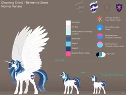 Size: 2048x1536 | Tagged: safe, alternate version, artist:nsfwbonbon, derpibooru import, shining armor, alicorn, pony, unicorn, alicornified, alternate cutie mark, color palette, gleaming shield, large wings, prince shining armor, princess gleaming shield, race swap, raised wings, reference sheet, rule 63, size difference, wings